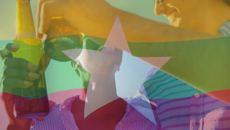 celebrating with drinks, people overlay myanmar flag colors and star animation