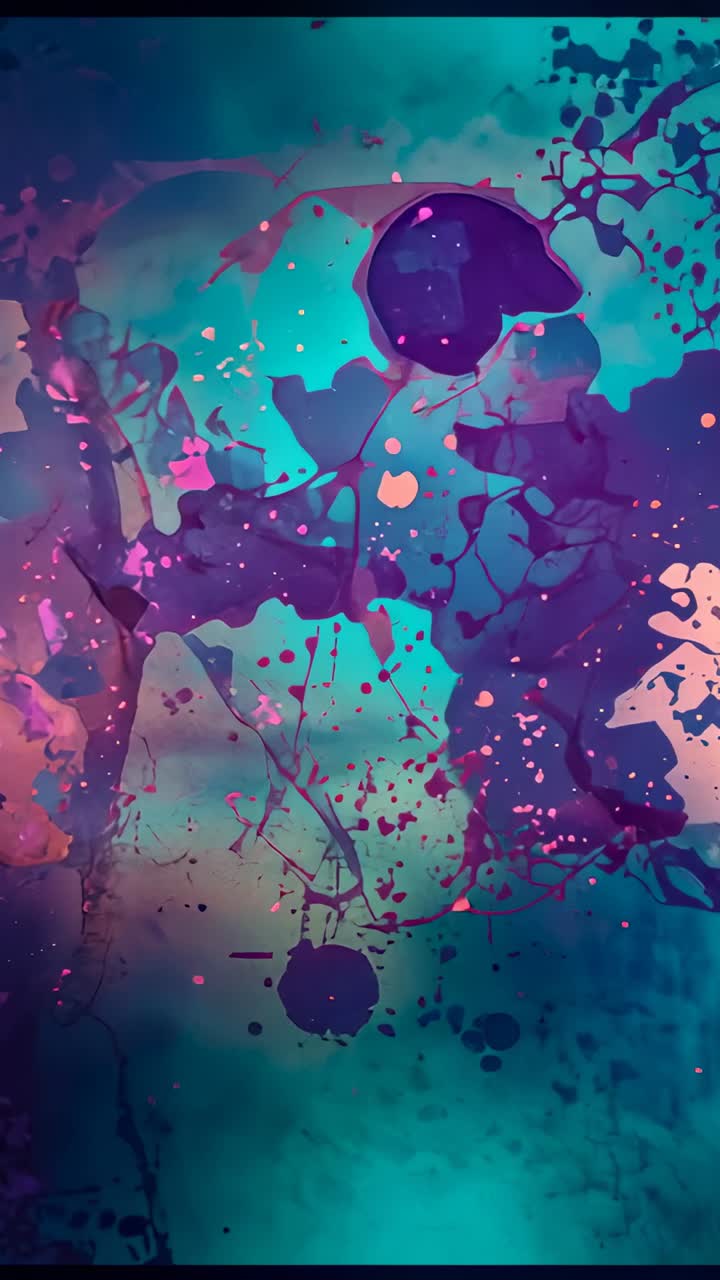 Vertical video: Shifting purple globule starting tendrils and pink drops on display with black bars