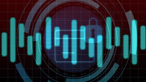 animation of digital data processing over padlock icon on black background