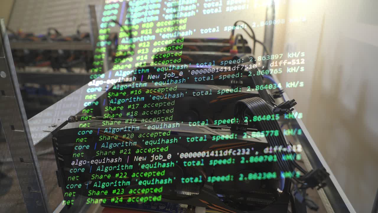 Image of the program code showing the process of mining the crypto currency in the background farm from video cards. Bitcoin.