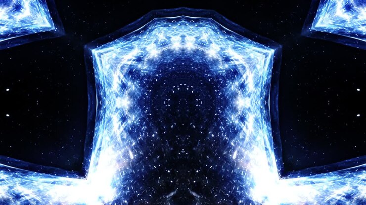 Infinite loop flicker glow blue rotating kaleidoscope tunnel of shining blue neon color lights. 4K Abstract digital tunnel sectors. Cyber colorful led wall and light shine rotating animation. Geometri