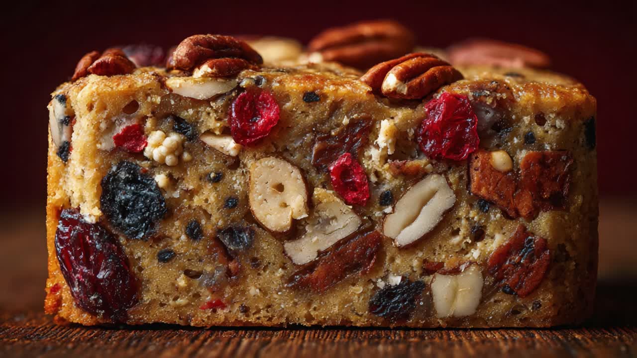 A Close-Up View of a Nut and Berry-Laden Fruitcake Showcasing Rich Textures and Vibrant Colors in an Artisan Desserts Presentation