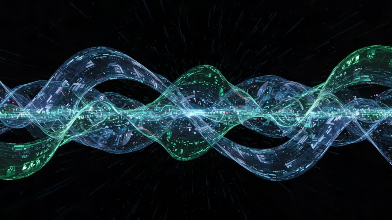 Captivating Representation of Wavy Energy Patterns and Digital Data Flow in a Futuristic Visual Form, Highlighting the Intersection of Technology and Art