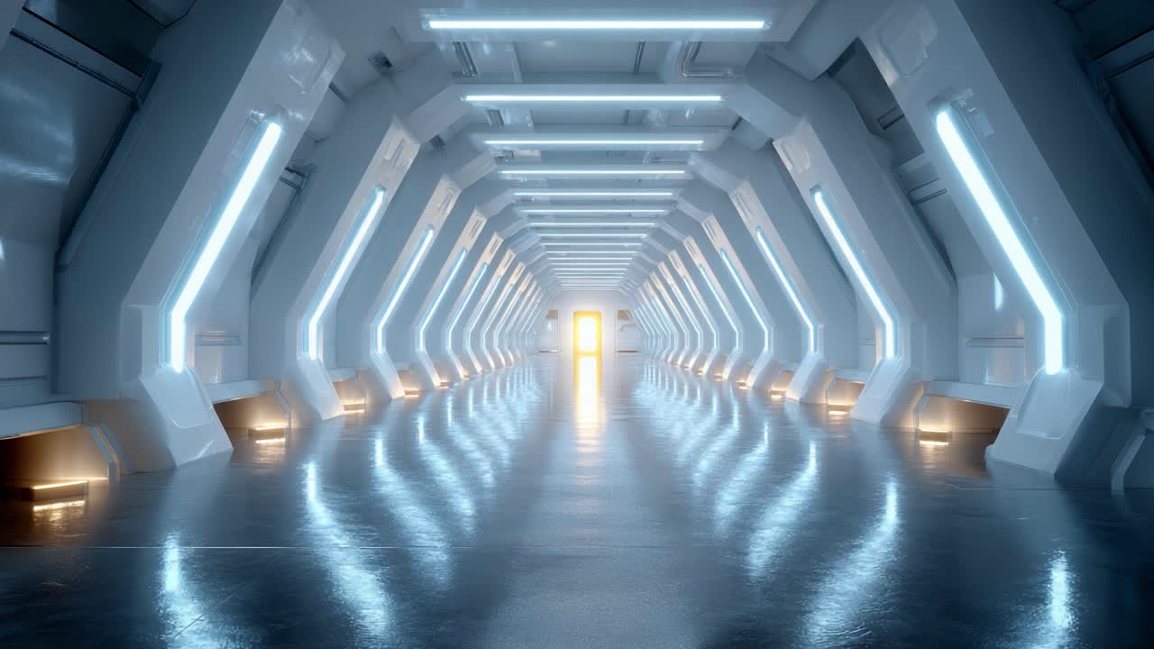 A Futuristic Sci-Fi Corridor: An Immaculately Designed Pathway with Illuminating Lights Leading to a Mysterious Door, Perfect for Exploration or Adventure in a High-Tech Environment