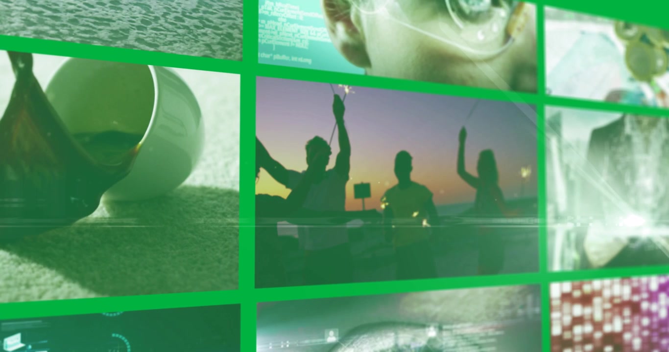 Composite of nine screens, showing different technology, business and leisure video clips
