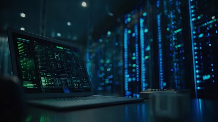 High-tech data center scene showcasing a laptop with digital interfaces, highlighting advanced computing alongside illuminated server racks, emphasizing technology and data management