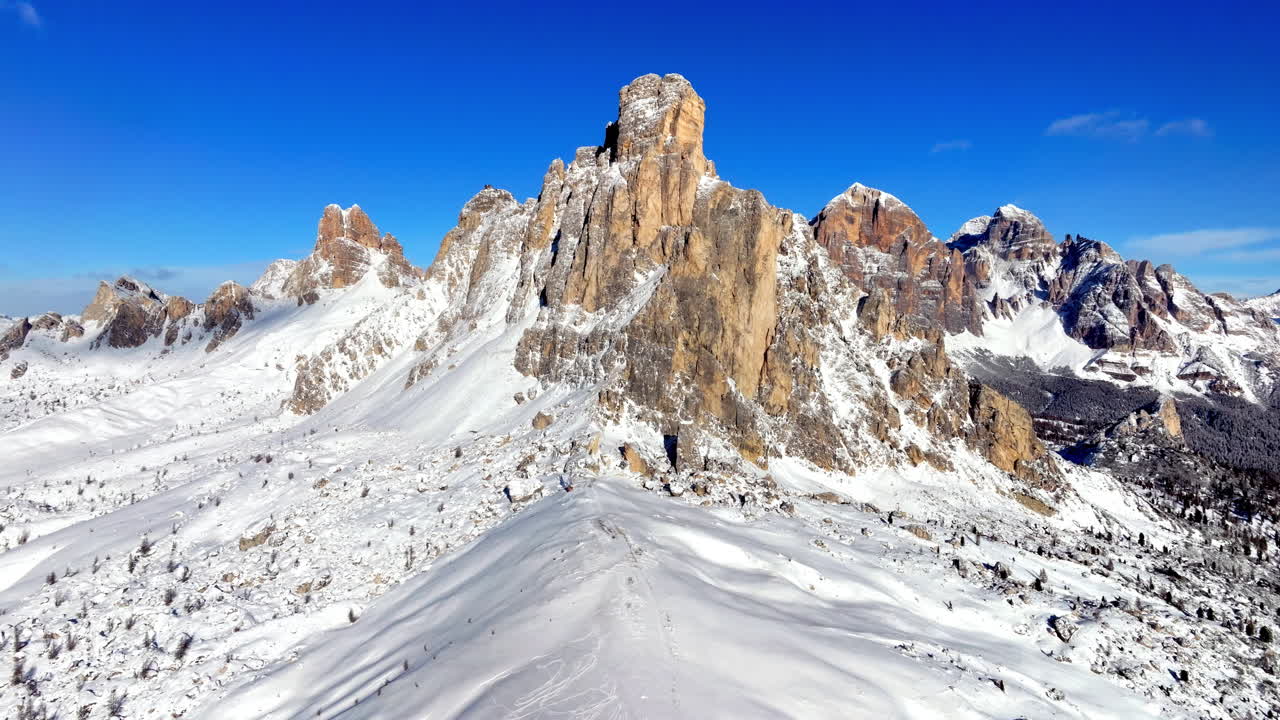 Aerial drone view of the Giau Pass high mountain pass in the Dolomites, Italy