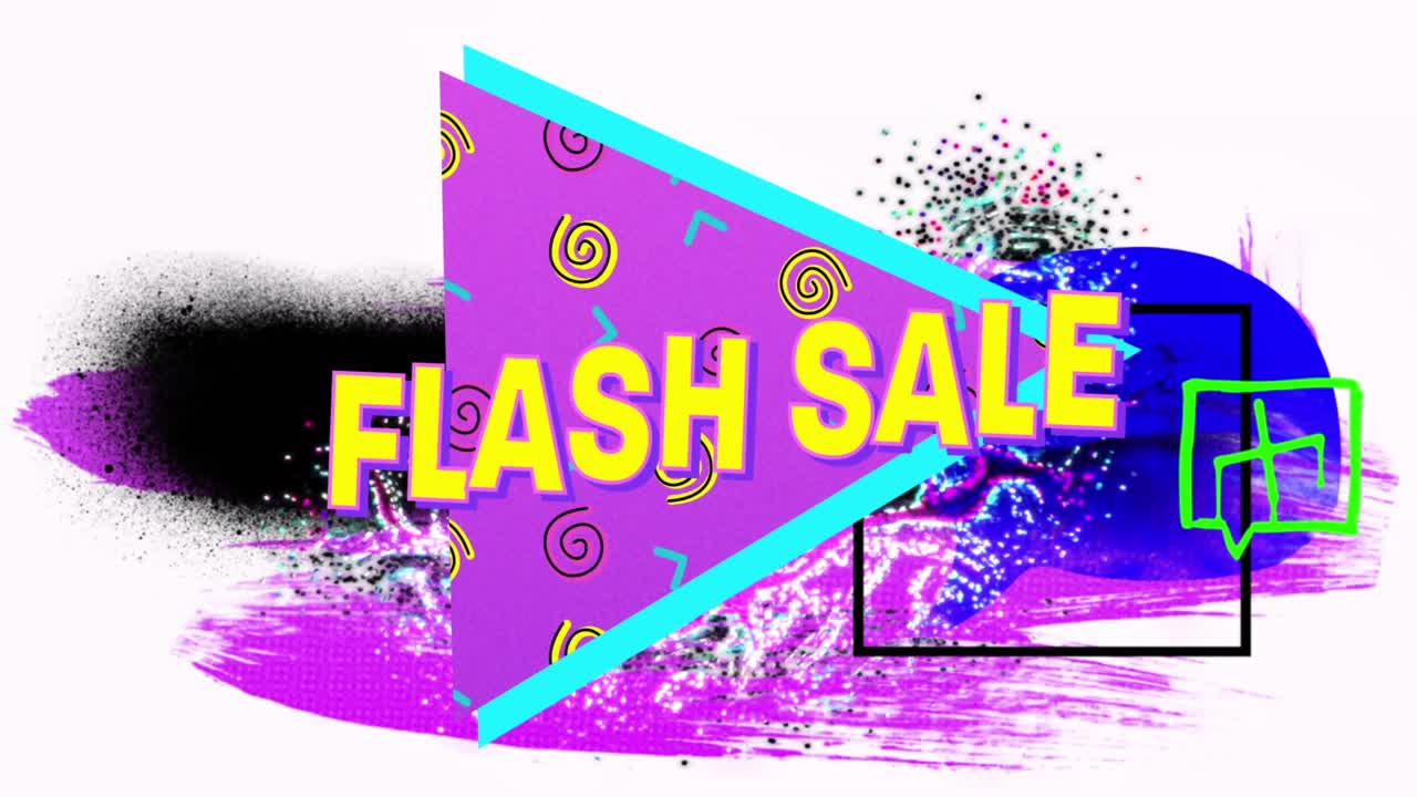 Flash sale text on purple banner against abstract colorful shapes on white background
