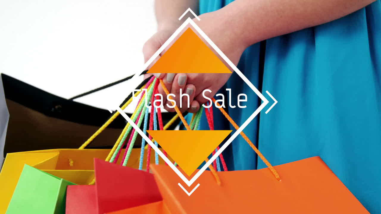 Holding colorful shopping bags, person with Flash Sale text animation over image