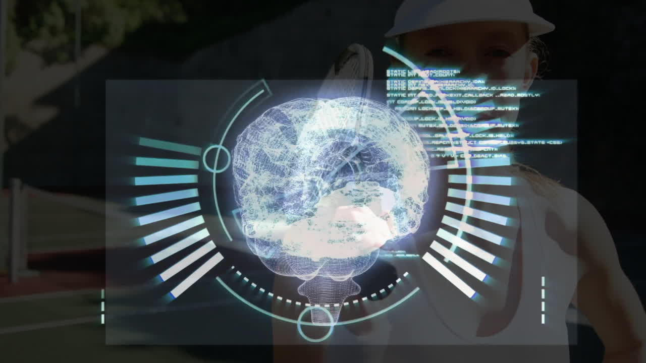 Athlete extending arm on tennis court, interacting with health tech brain hologram visuals
