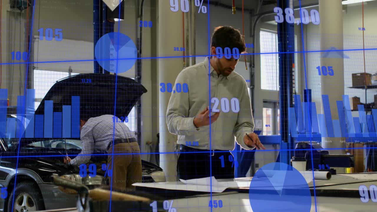 Animation of statistics and data processing over diverse engineers in workshop
