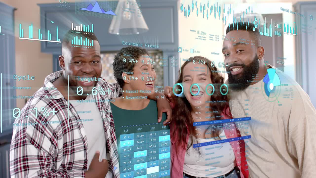 Far-right man speaking, group laughing, leaning in kitchen while finance charts overlaying frame