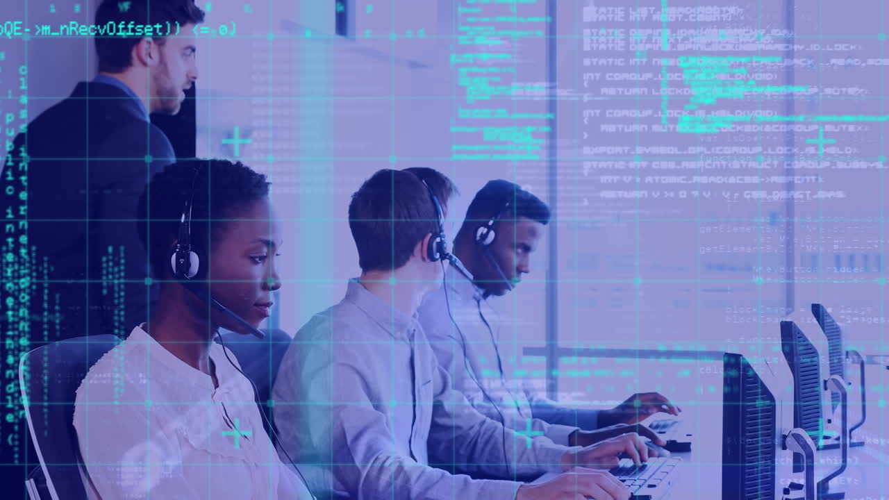 animazione dell'elaborazione dei dati su diversi uomini d'affari che indossano cuffie telefoniche