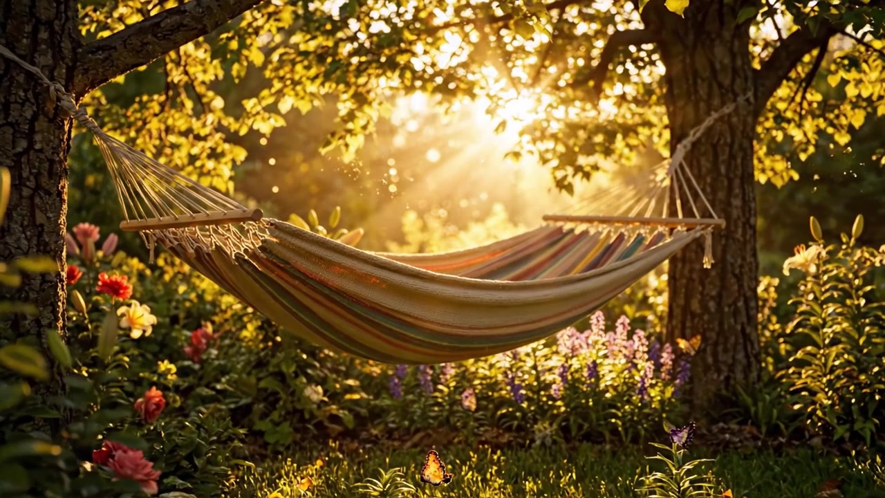 Un hamac serein niché entre des arbres baignés de soleil doré, entouré de fleurs luxuriantes et de verdure, invitant à des moments de détente au cœur de la nature.