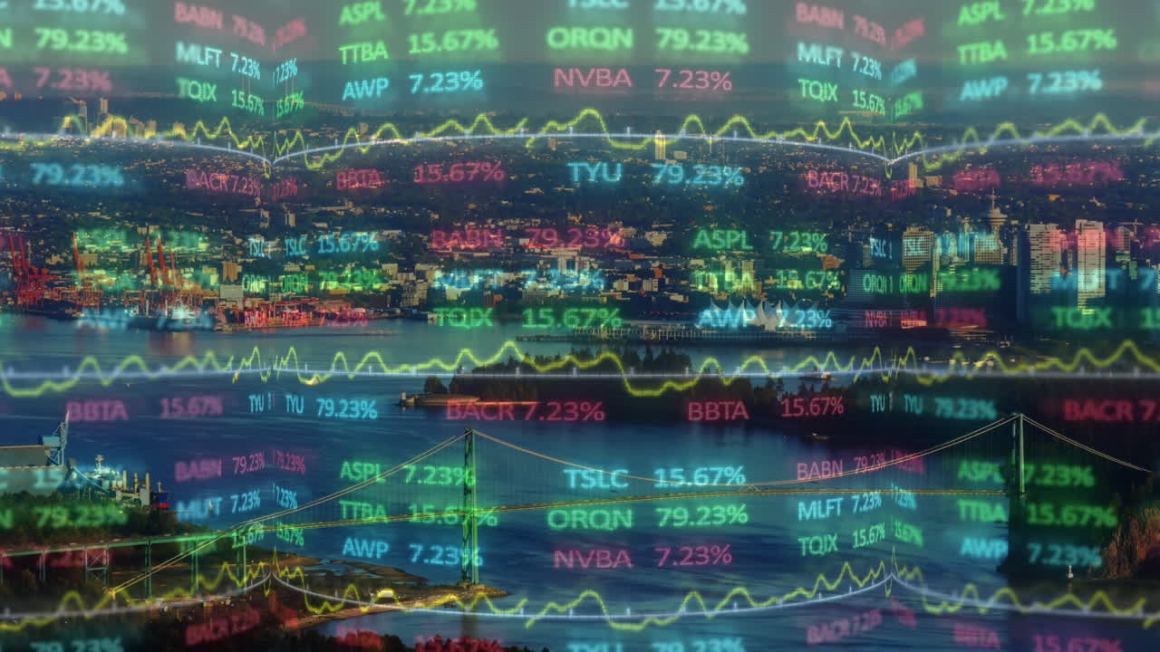 Animation of financial data processing over cityscape