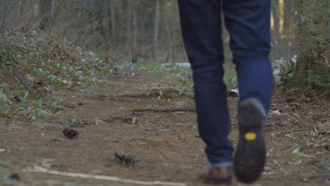 Mann-Läuft-Auf-Einem-Waldweg,-Umgeben-Von-Herbstlaub-Und-Abgefallenen-Ästen