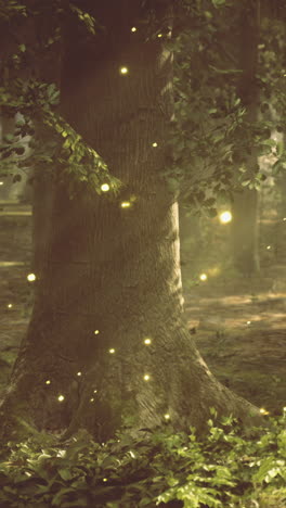 mystical forest bathed in golden light and shimmering fireflies at dusk