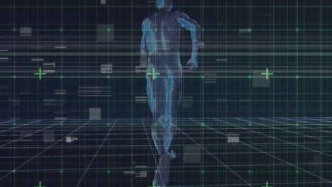 animation of person running and flickering data processing with grid over black background