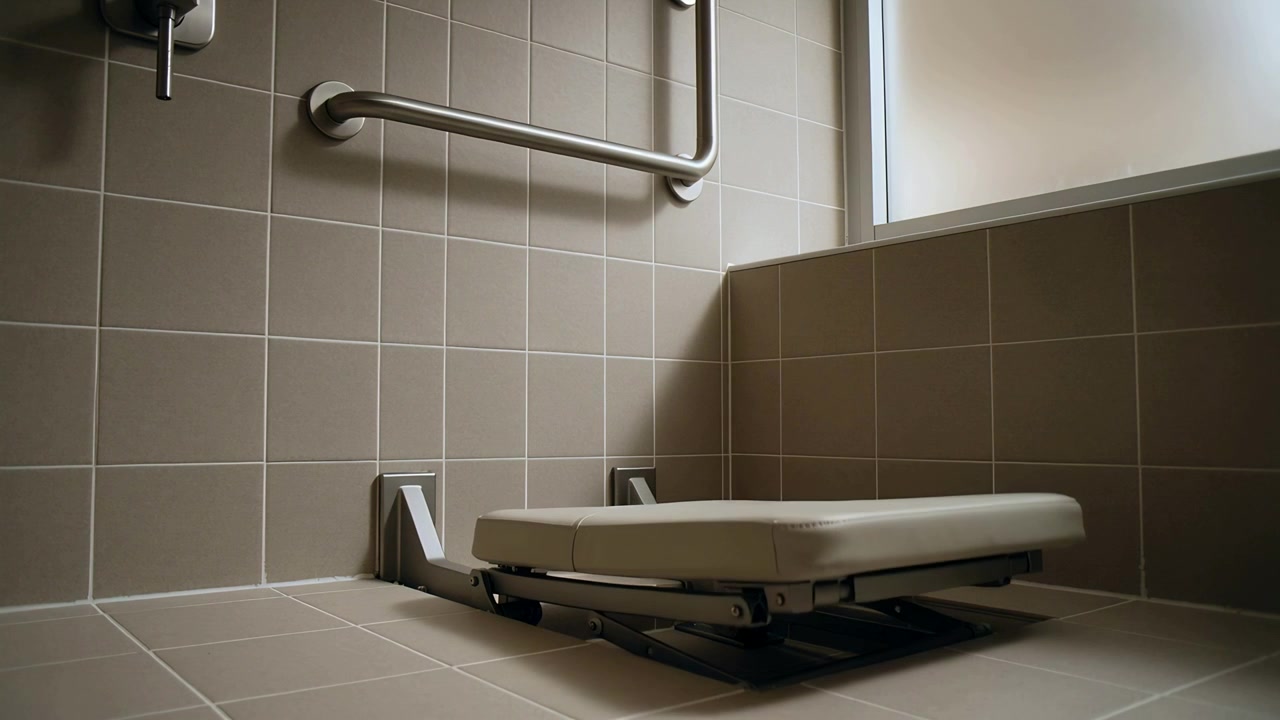 Pulling folddown shower seat rotating down in tiled bath with grab bar and supports for safety
