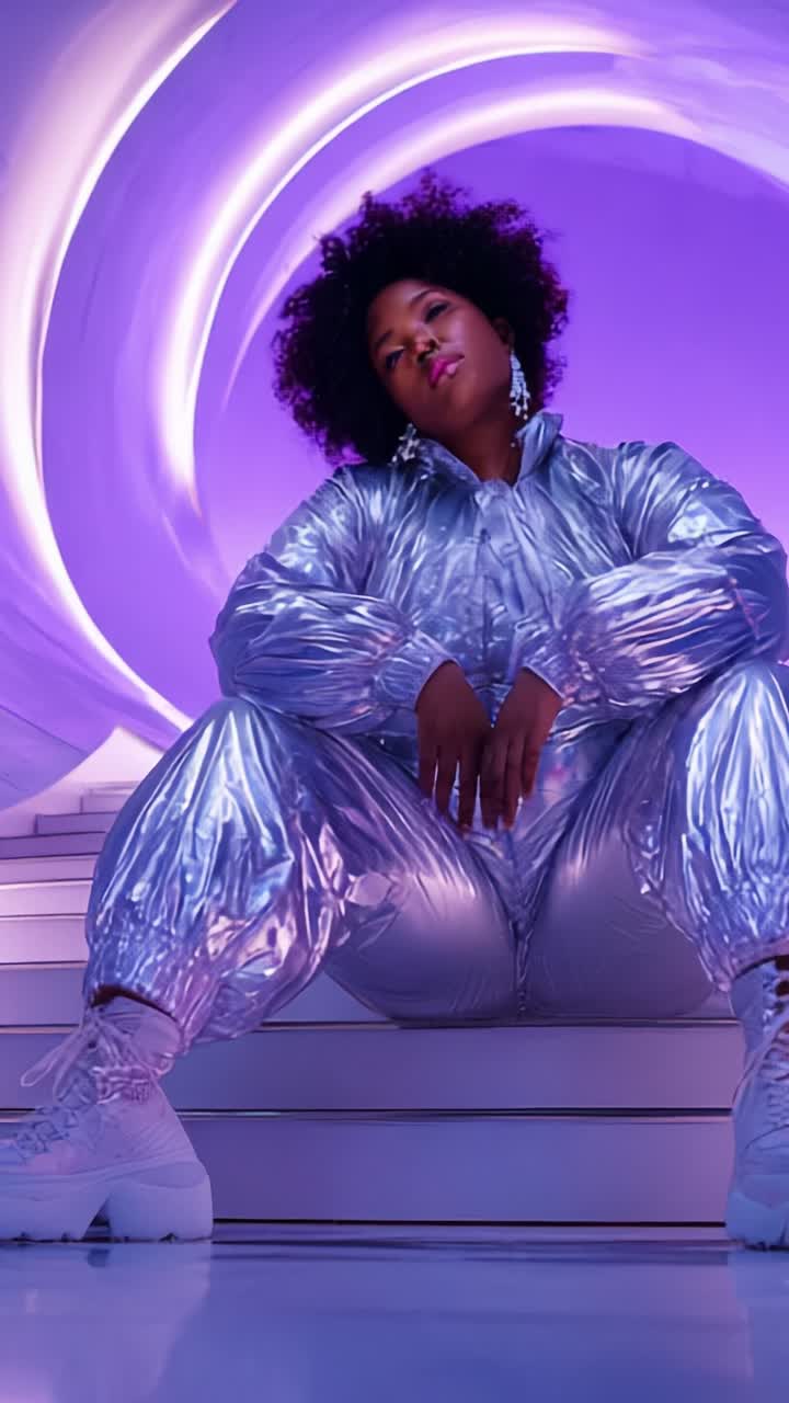 A Fashionable Model in Stylish Metallic Silver Attire Poses Confidently Against a Vibrant Purple Background, Showcasing Contemporary Streetwear Trends and Attitude
