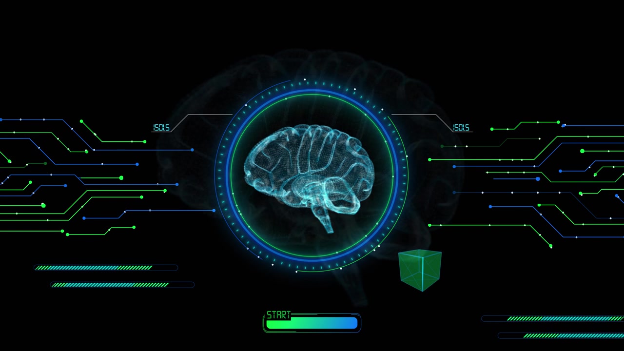 Neural brain interface analysis visual with glowing scanner rings data circuits and black tech
