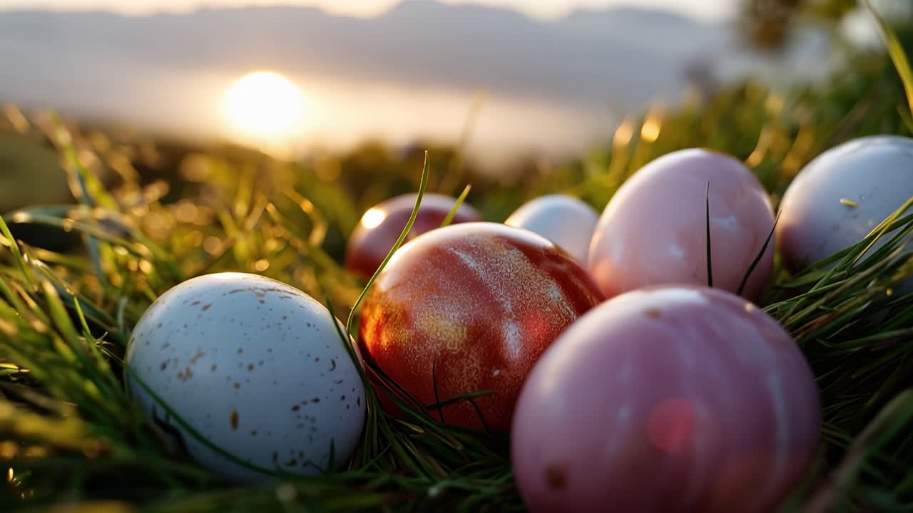 Sunlight glows softly over grassy field. Eggs rest gently in blades of green grass. Pink, white, and speckled eggs gleam with golden light