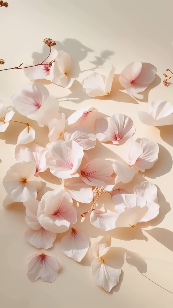 Video verticale: Petali rosa pallido che fluttuano formando un centro su un tappeto color crema, mossi dalla brezza, con steli secchi.