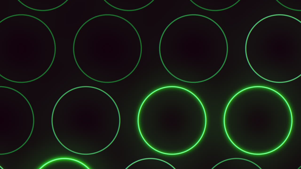 Glowing green circles illuminate a dark canvas