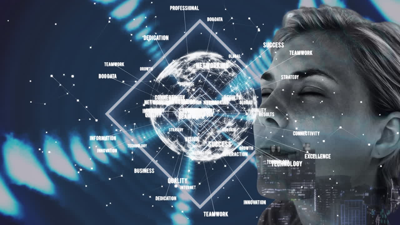 グローブのアニメーション  ⁇ がりのネットワークで 白人女性が暗い背景で好みます