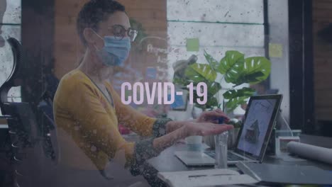 texto covid-19 y efecto grunge contra la mujer que usa máscara facial desinfectando sus manos en la oficina