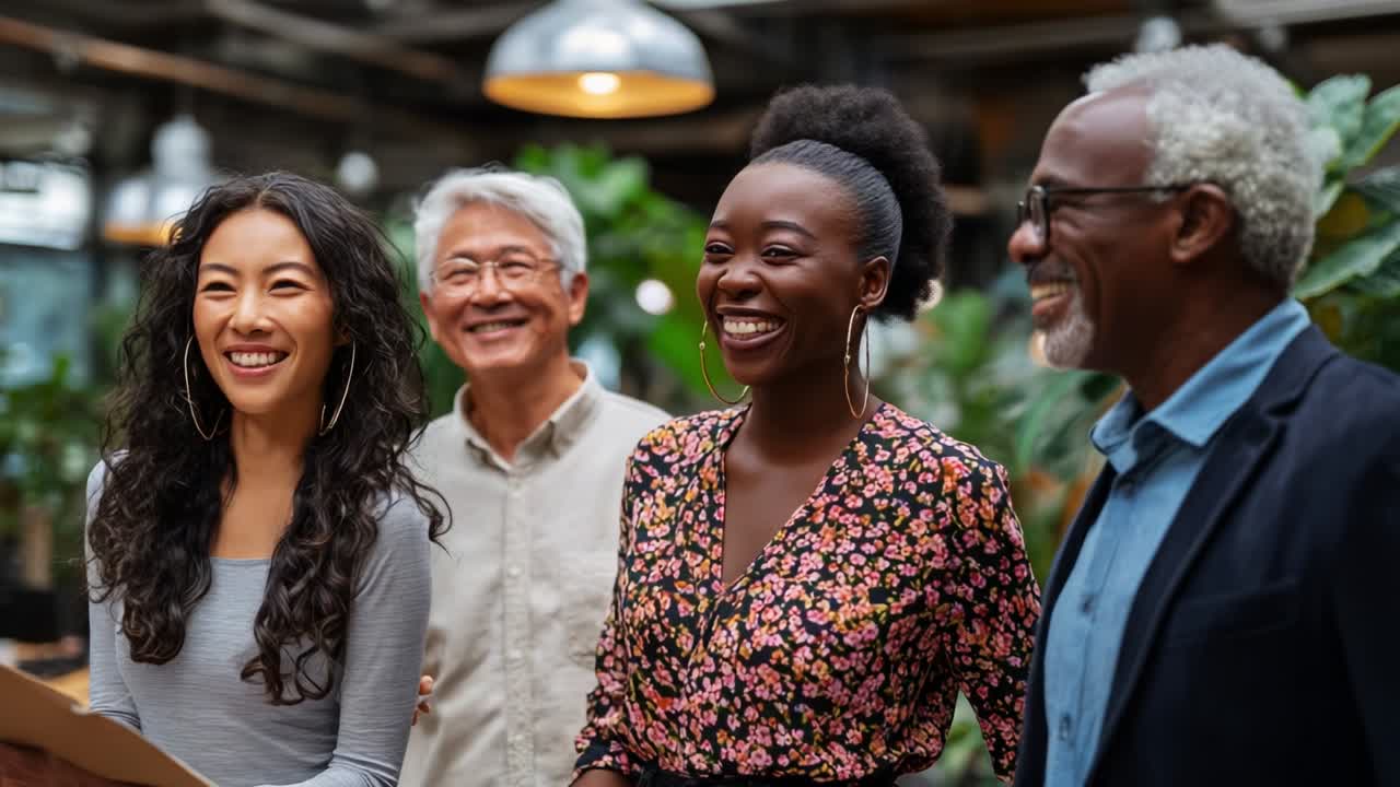 A joyful gathering of diverse friends enjoying a moment of laughter together in a vibrant, plant-filled environment, showcasing camaraderie and the warmth of human connection amidst nature