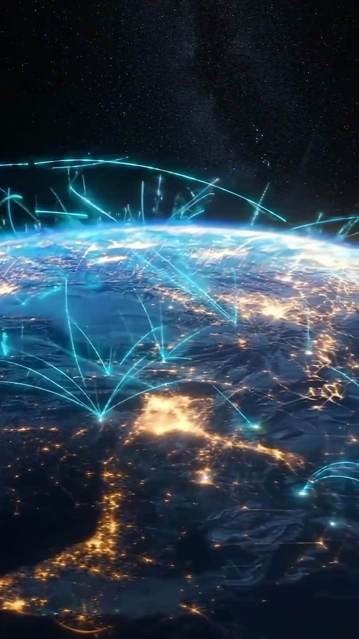 Aerial view of Earth at night with glowing network lines, showcasing global connectivity