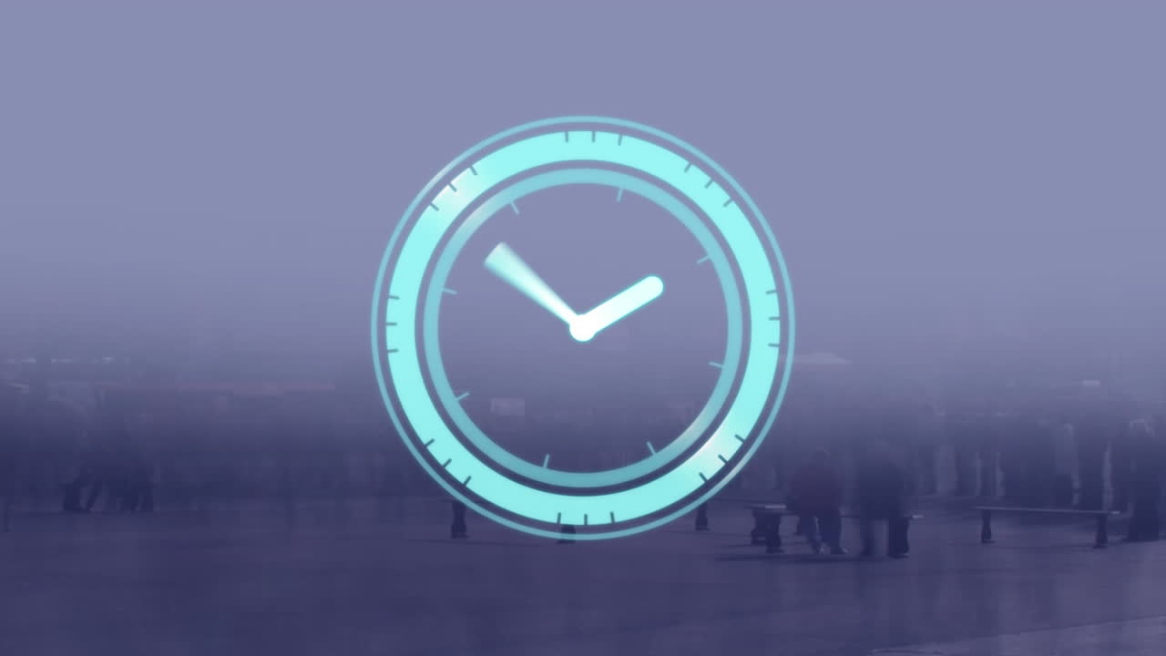 Animation of clock ticking over people walking and cityscape
