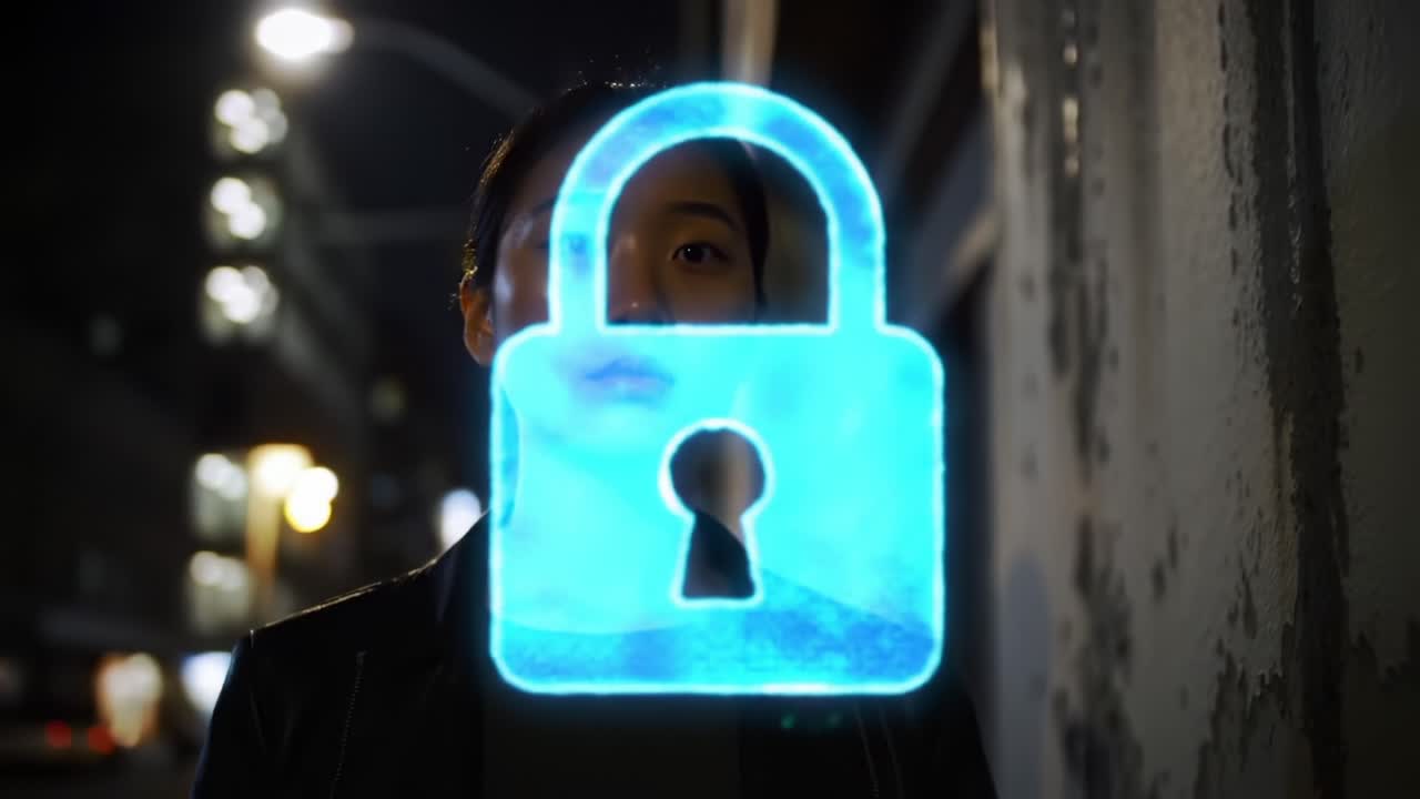 A Mysterious Figure Contemplates Security in a Dimly Lit Urban Environment, Highlighted by a Prominent Digital Lock Symbol Representing Protection and Privacy
