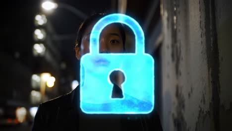 a mysterious figure contemplates security in a dimly lit urban environment, highlighted by a prominent digital lock symbol representing protection and privacy