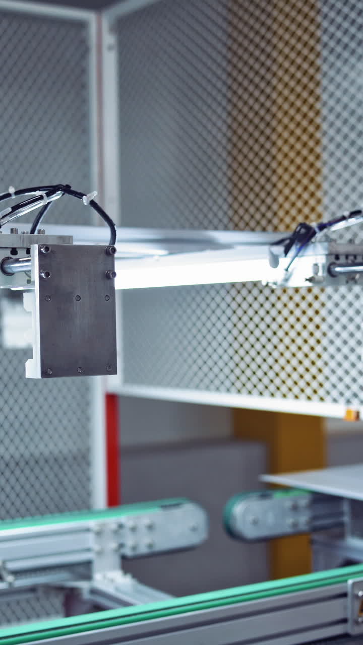 Industrial robot working in factory,Conveyor Tracking Controler of robotic hand. Green energy concept. Special equipment closeup. Vertical video