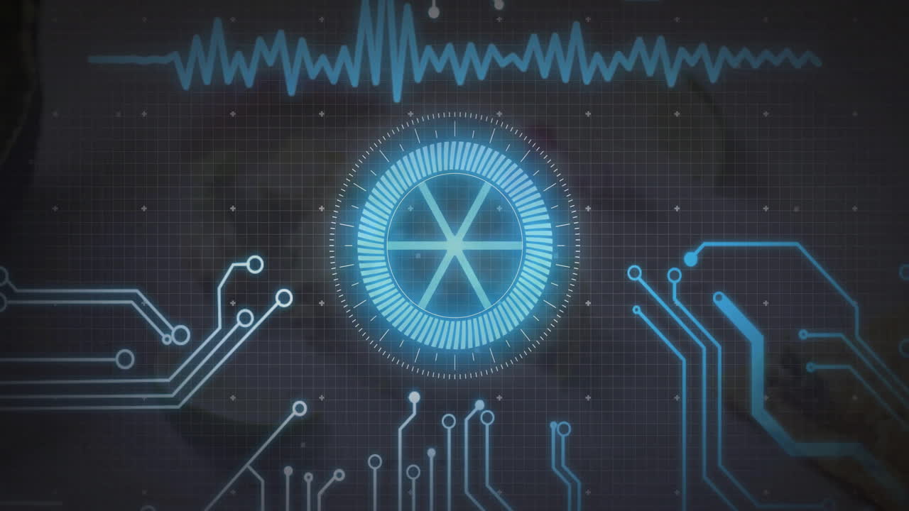 Digital animation with futuristic circuit patterns and central circular design