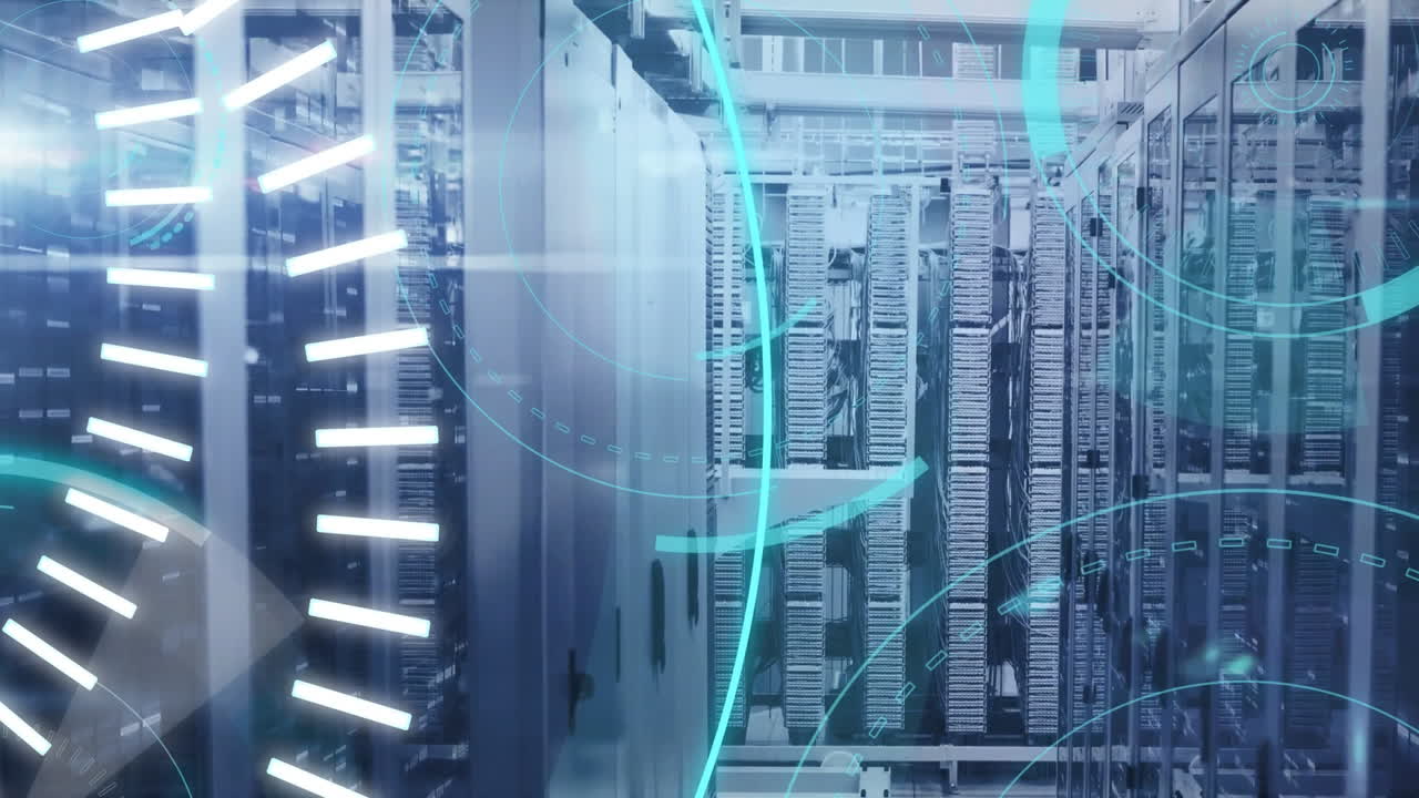 Animation of data processing and digital information flowing through network in a server room