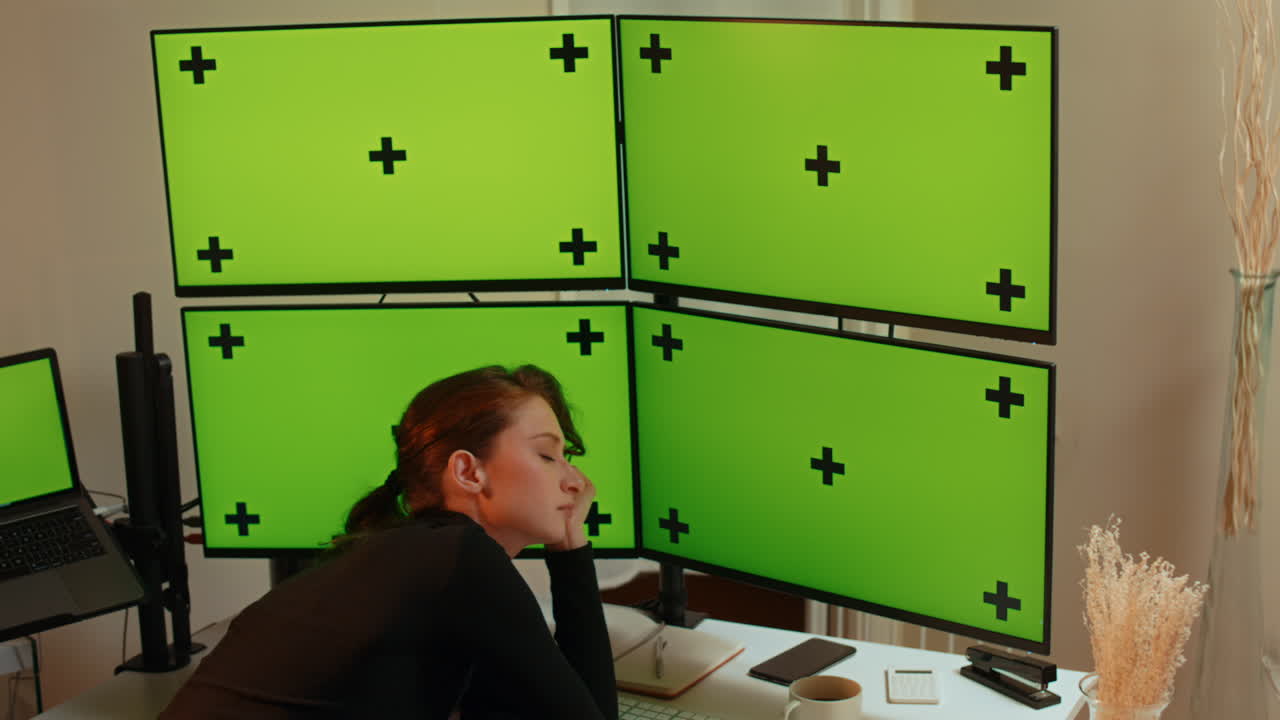 젊은 여성, 추적과 함께 여러 녹색 화면 컴퓨터 모니터