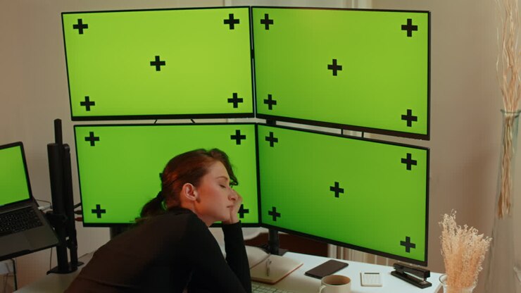 Young woman, multiple green screen computer monitors with tracking
