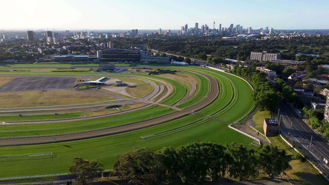Drone aerial landscape view of Royal Randwick Racecourse track tourism carnival gambling equestrian Sydney City CBD Kensington NSW Australia 4K