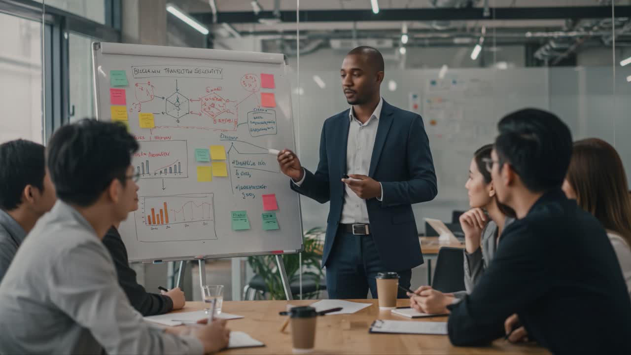 Engaging Business Presentation: A Professional Speaker Leads a Team Meeting with Visual Data and Interactive Discussions for Effective Decision-Making
