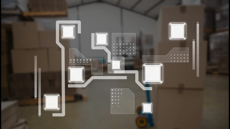 Animation of white shapes with connections over warehouse