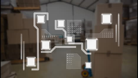 animation of white shapes with connections over warehouse