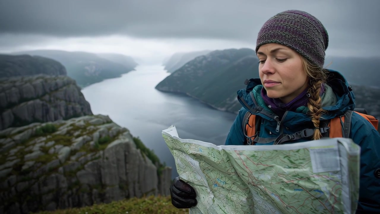 Outdoor travel footage of a young woman hiker studying a paper map on a rocky cliff viewpoint above a dramatic fjord and mountains under cloudy skies