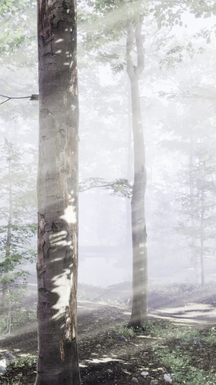 A serene path winds through a tranquil forest shrouded in mist