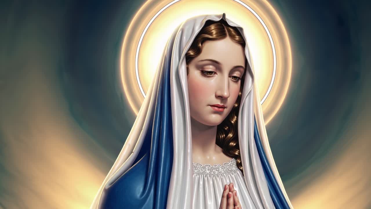 Portrait of Virgin Mary, hands joined in prayer, adorned in a white and blue robe, surrounded by a golden halo and illuminated by soft golden light, exuding serenity