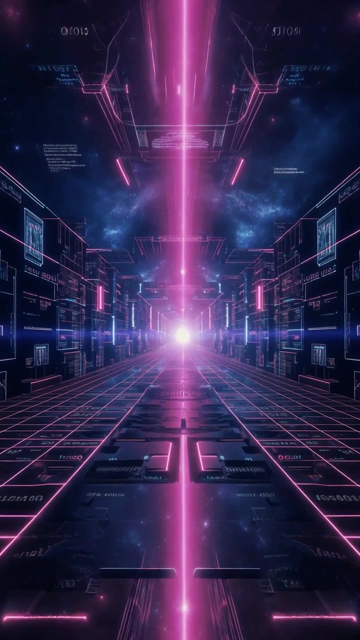 Corredor Digital Futurista com Túnel de Luz Neon Rosa Brilhante