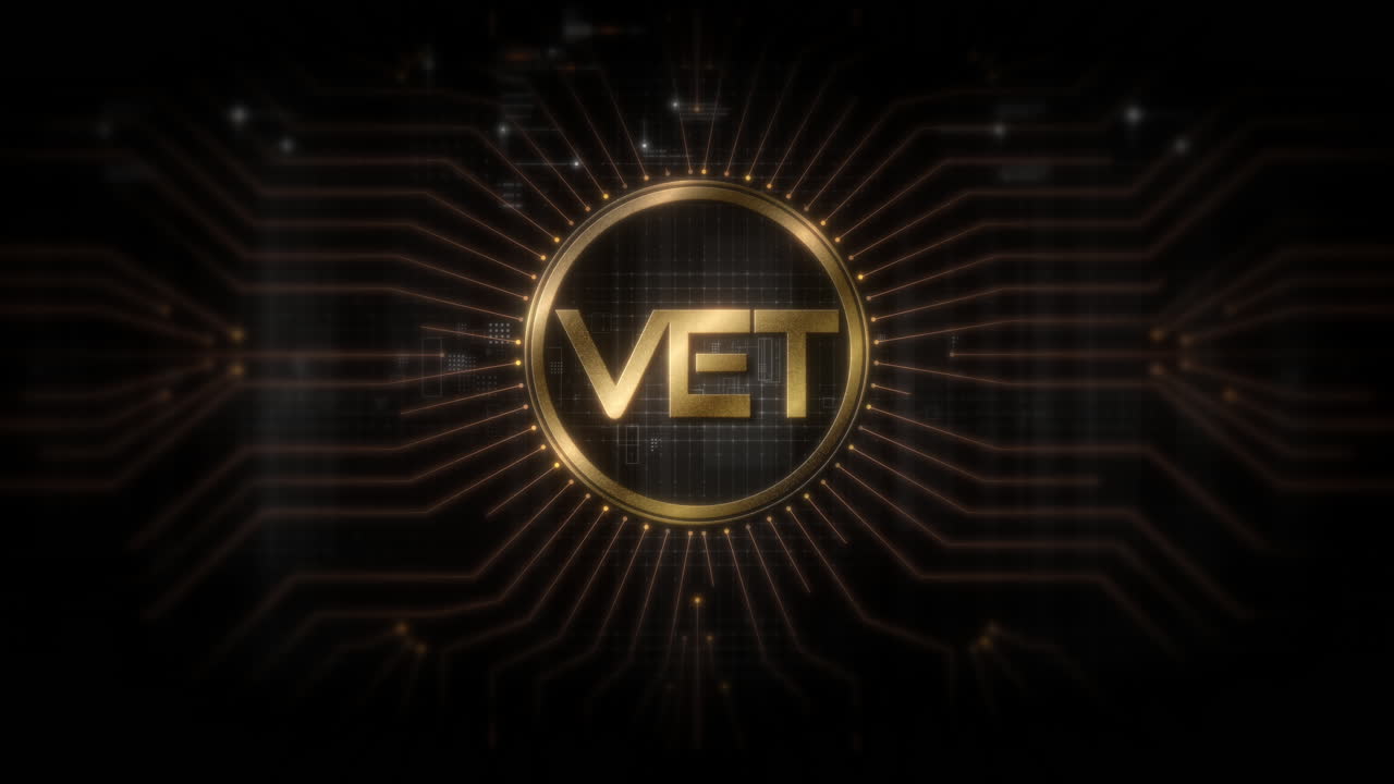 Sfondo digitale futuristico che evidenzia la tecnologia avanzata di criptovaluta e crittografia, con reti blockchain e sistemi crittografici sicuri: Vchain, VET.