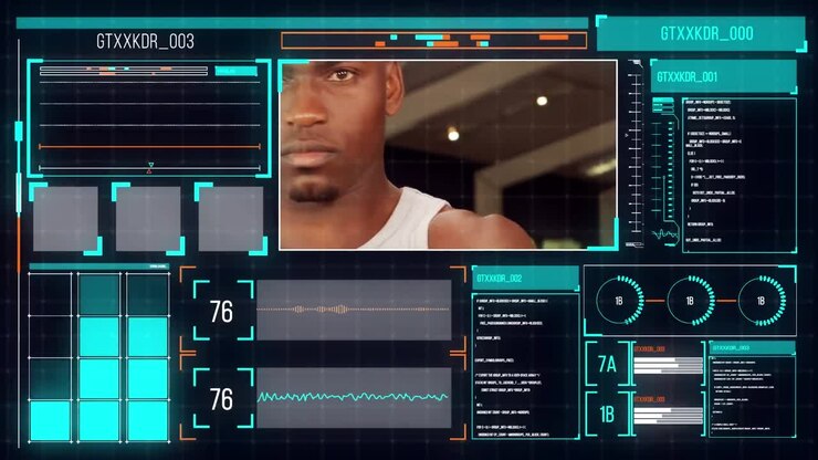 Animation af sportsdatabehandling med en afroamerikansk mand der træner på sort baggrund.